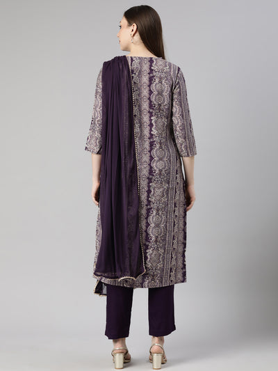 Neerus Purple Panelled Straight Chevron Kurta And  Trousers With Dupatta