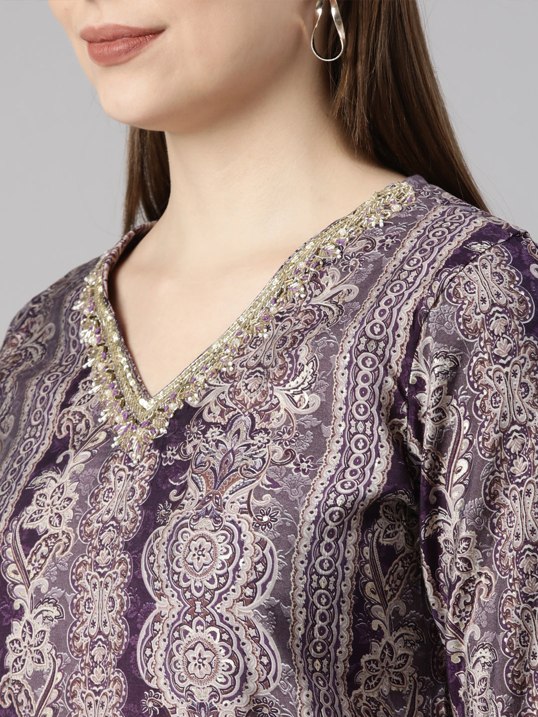 Neerus Purple Panelled Straight Chevron Kurta And  Trousers With Dupatta