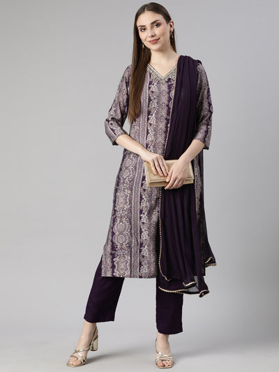 Neerus Purple Panelled Straight Chevron Kurta And  Trousers With Dupatta