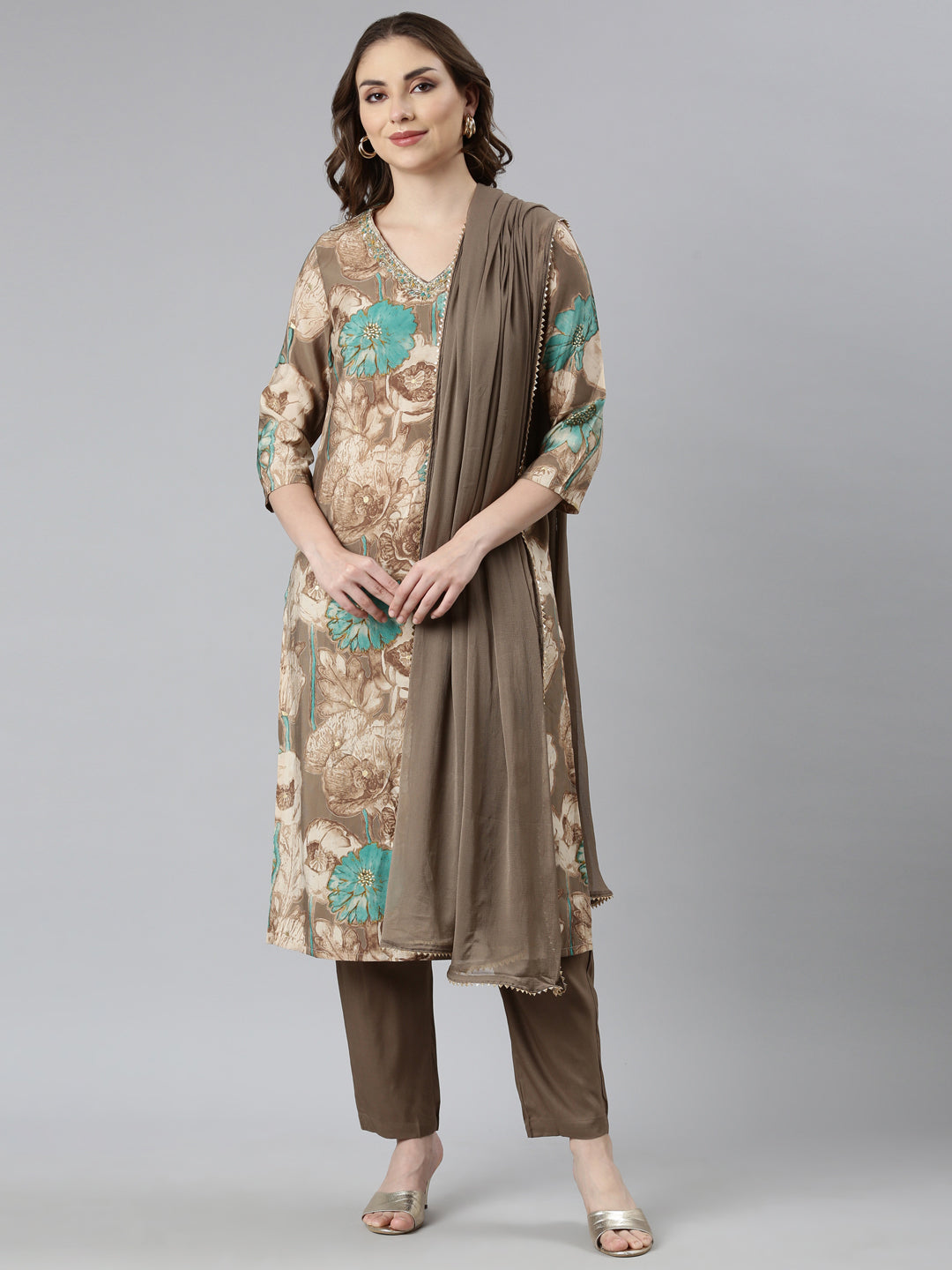 Neerus Brown Regular Straight Floral Kurta And  Trousers With Dupatta