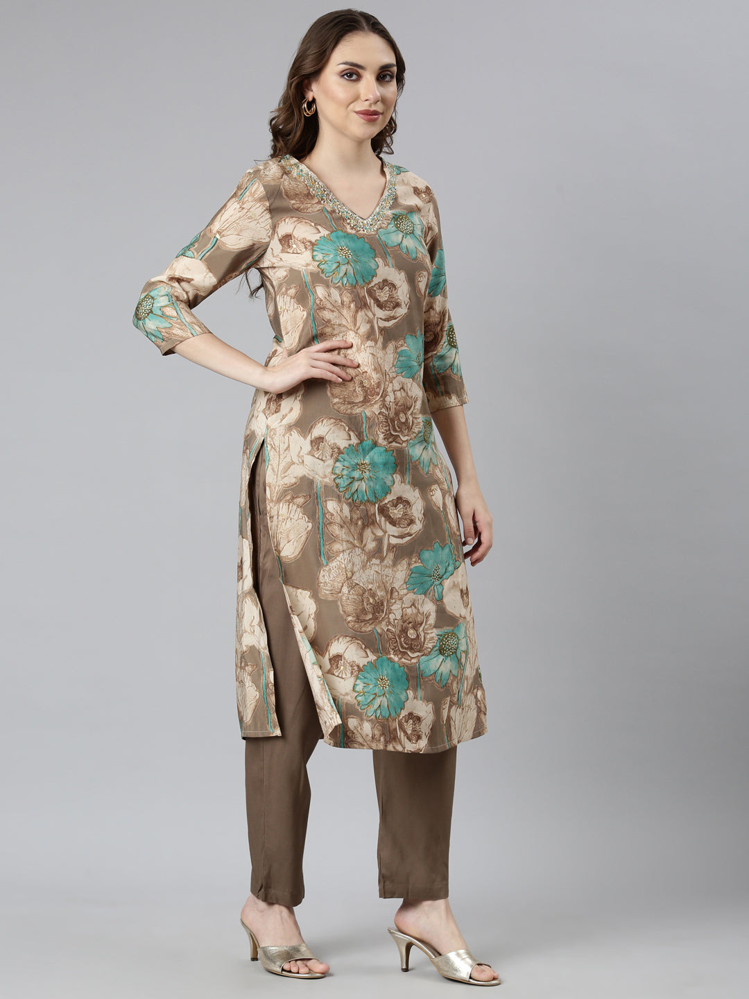 Neerus Brown Regular Straight Floral Kurta And  Trousers With Dupatta