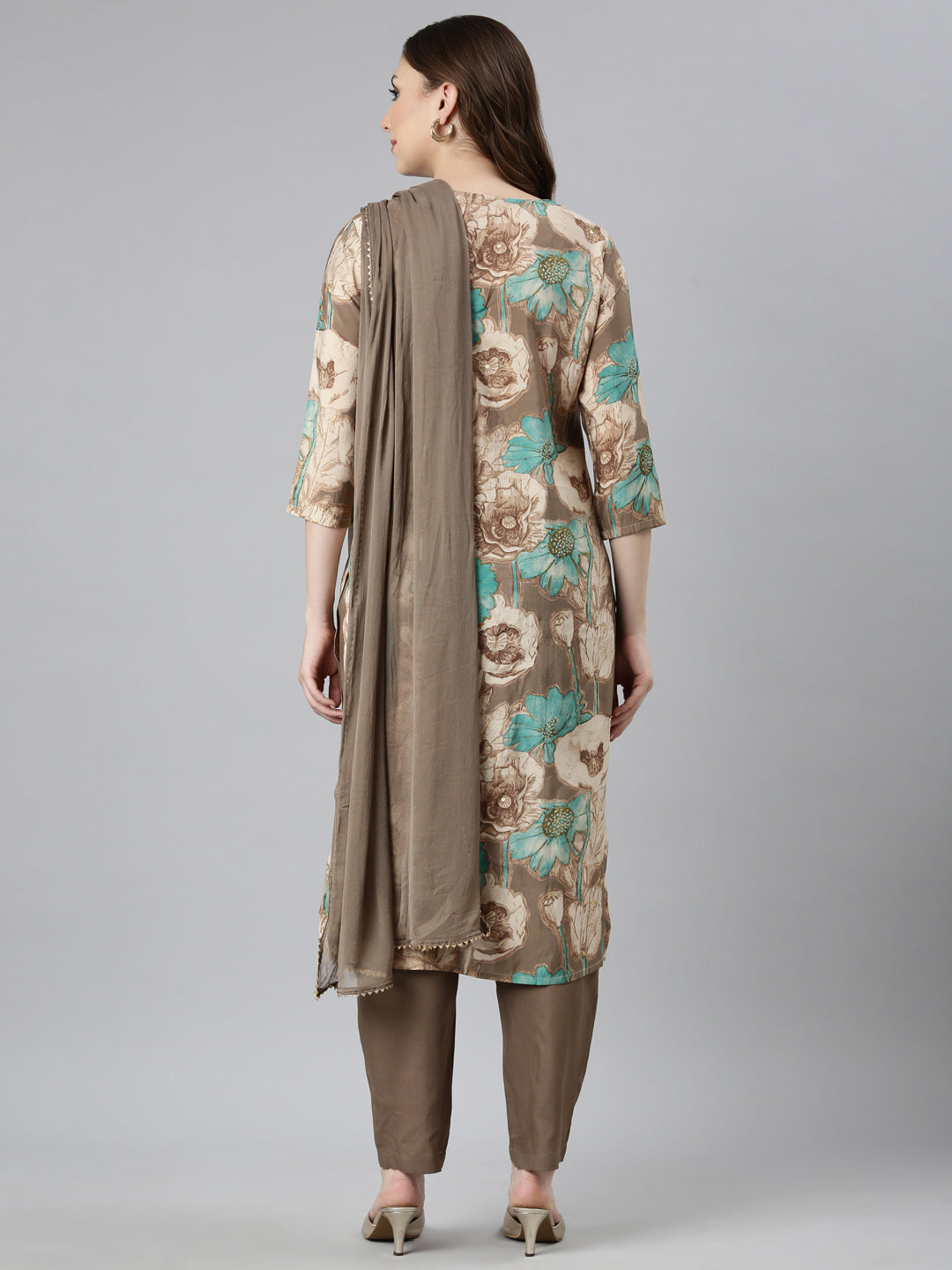 Neerus Brown Regular Straight Floral Kurta And  Trousers With Dupatta