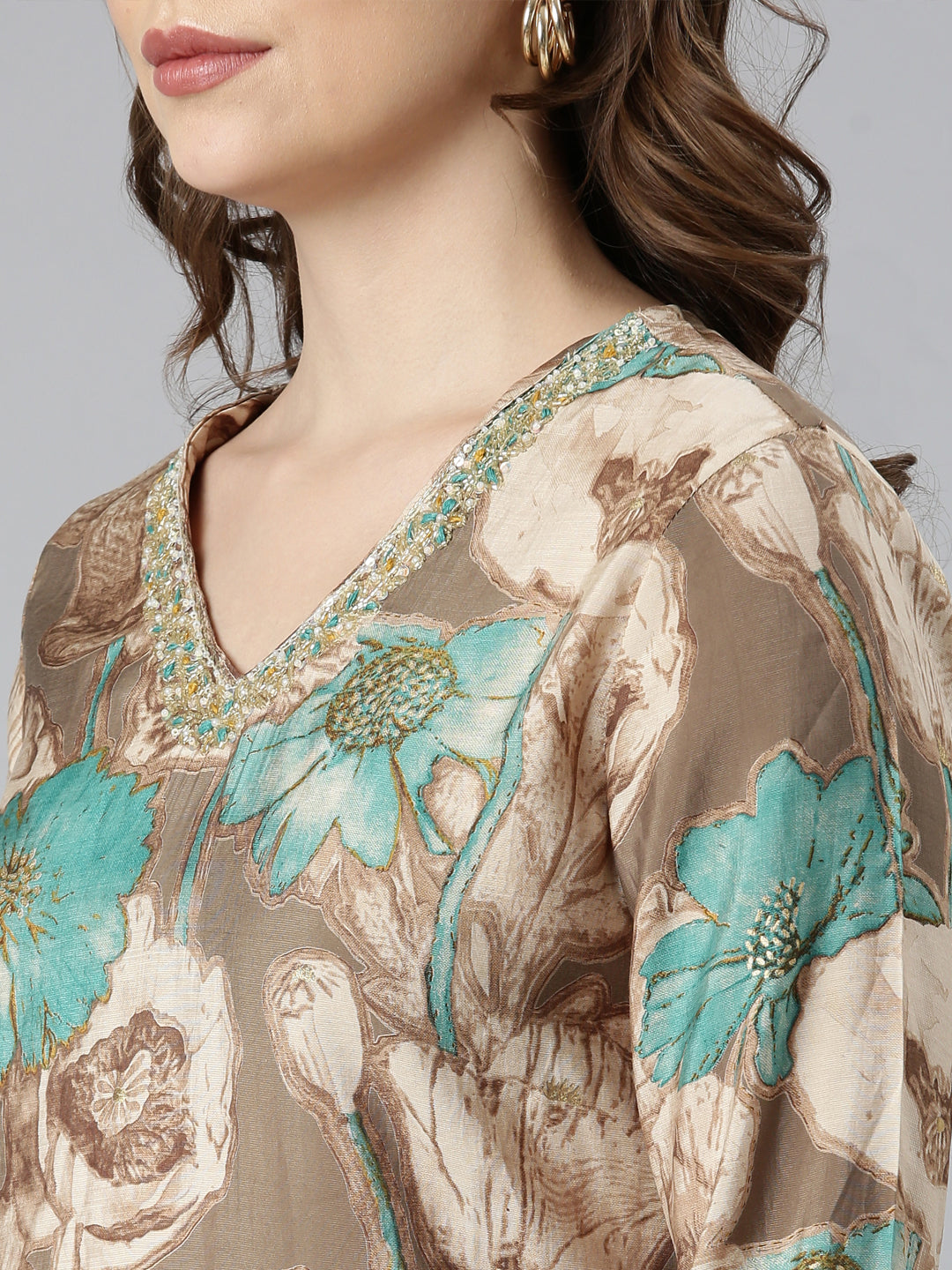 Neerus Brown Regular Straight Floral Kurta And  Trousers With Dupatta