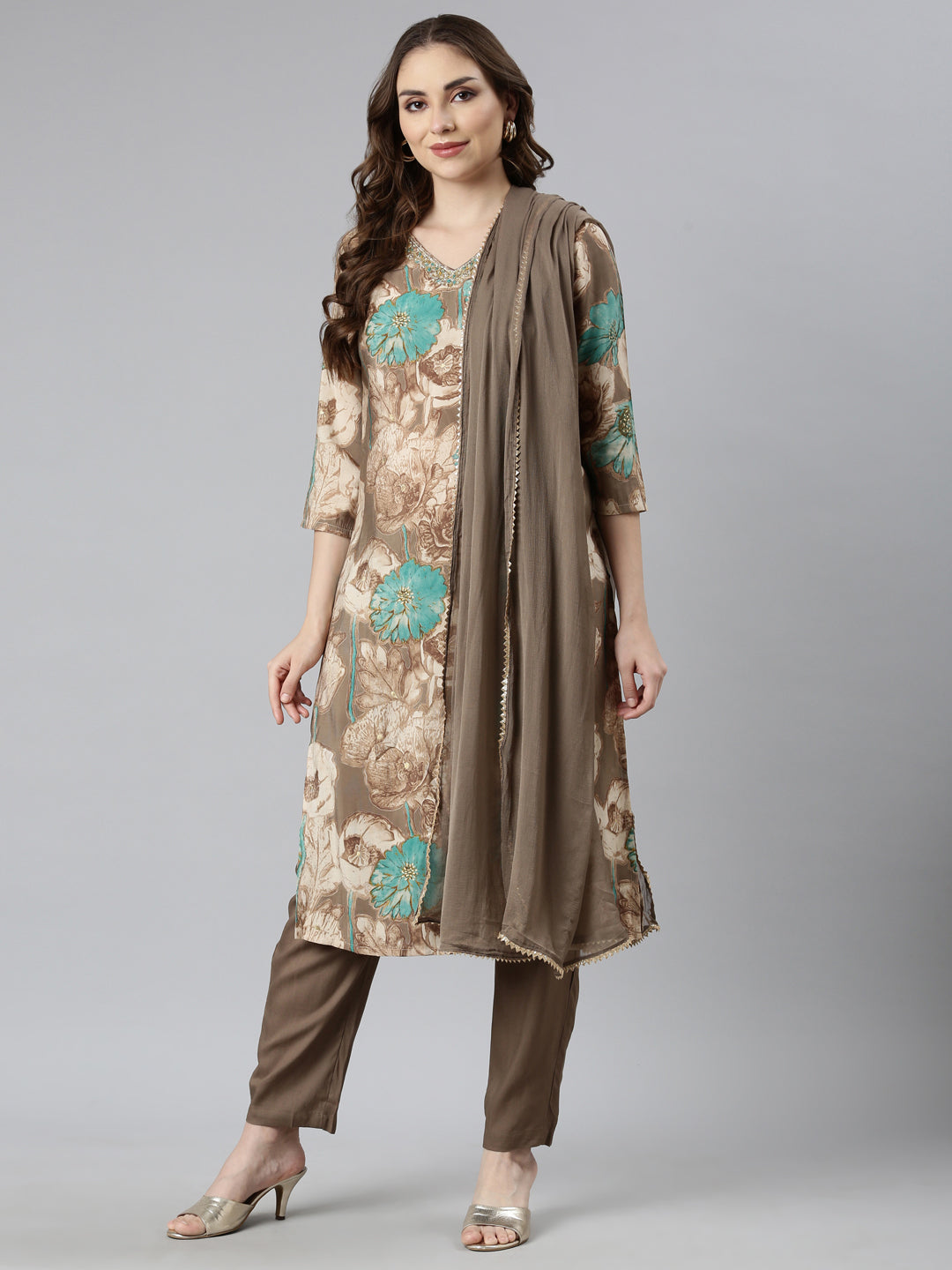 Neerus Brown Regular Straight Floral Kurta And  Trousers With Dupatta