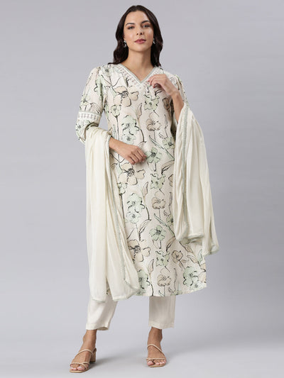 Neerus Off White Panelled Straight Printed Kurta And Trousers With Dupatta