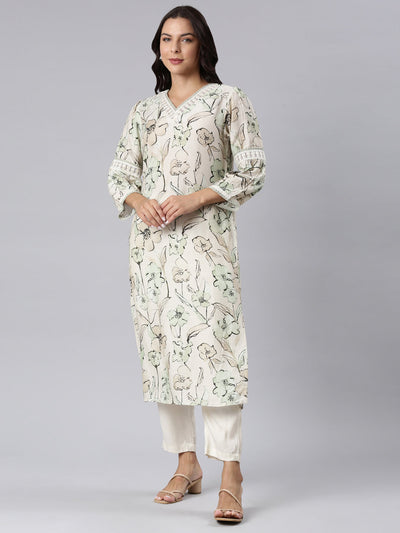 Neerus Off White Panelled Straight Printed Kurta And Trousers With Dupatta