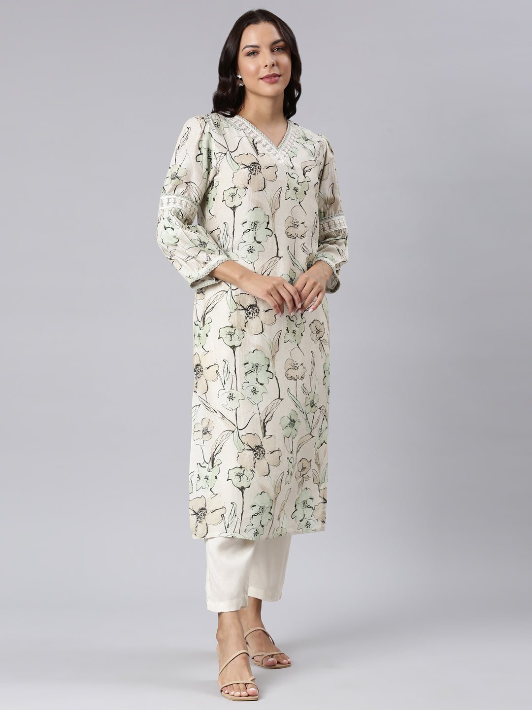 Neerus Off White Panelled Straight Printed Kurta And Trousers With Dupatta