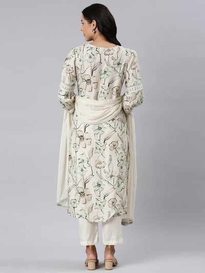 Neerus Off White Panelled Straight Printed Kurta And Trousers With Dupatta