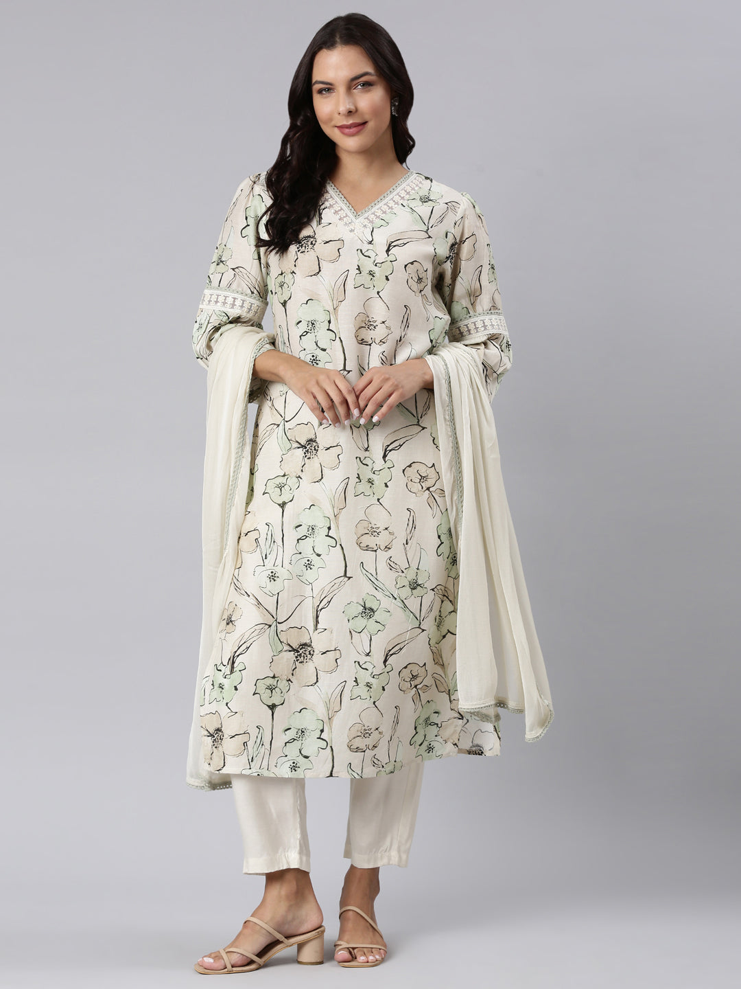 Neerus Off White Panelled Straight Printed Kurta And Trousers With Dupatta