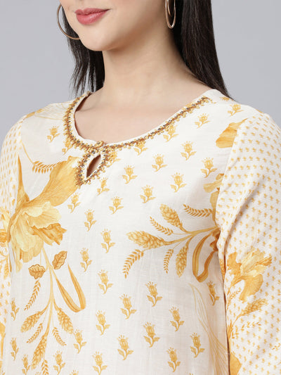 Neerus Yellow Panelled Straight Printed Kurta And Trousers With Dupatta