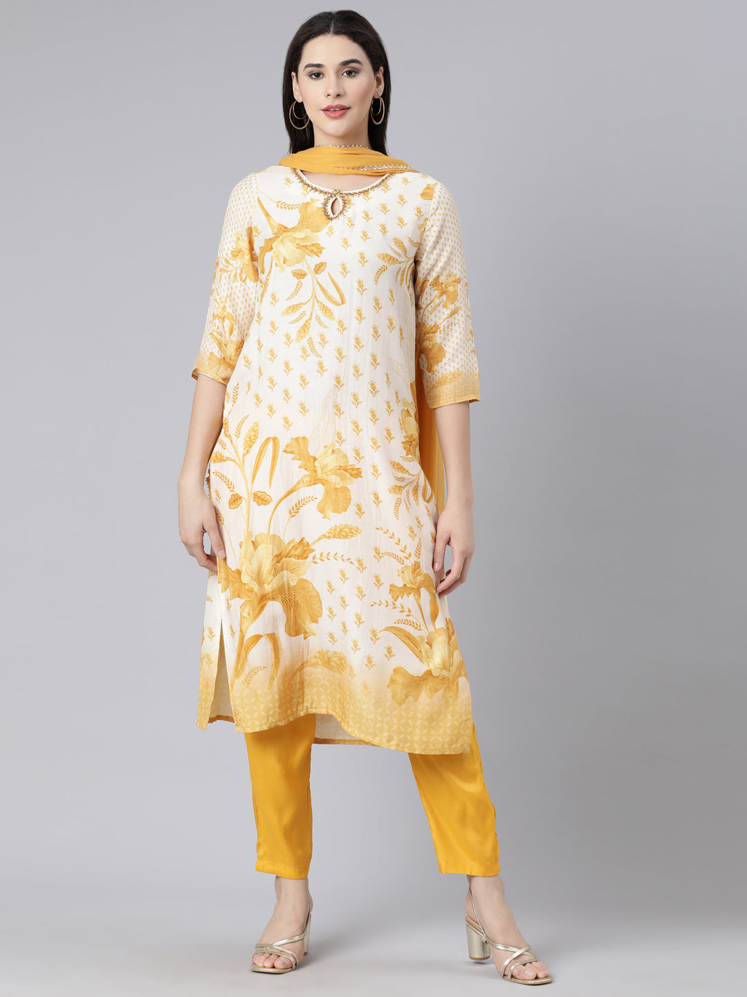 Neerus Yellow Panelled Straight Printed Kurta And Trousers With Dupatta