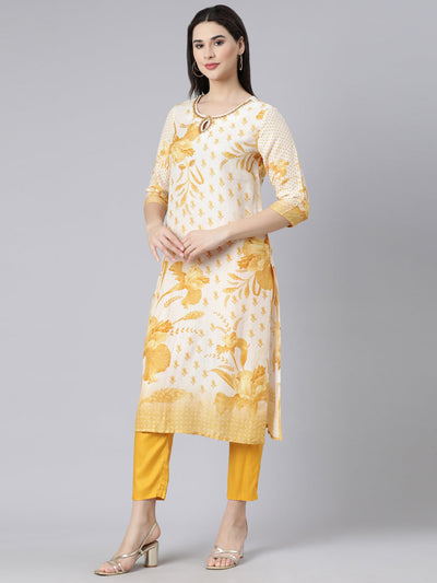 Neerus Yellow Panelled Straight Printed Kurta And Trousers With Dupatta