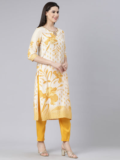 Neerus Yellow Panelled Straight Printed Kurta And Trousers With Dupatta