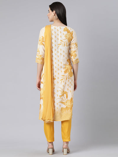 Neerus Yellow Panelled Straight Printed Kurta And Trousers With Dupatta