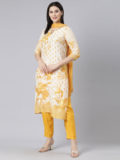 Neerus Yellow Panelled Straight Printed Kurta And Trousers With Dupatta