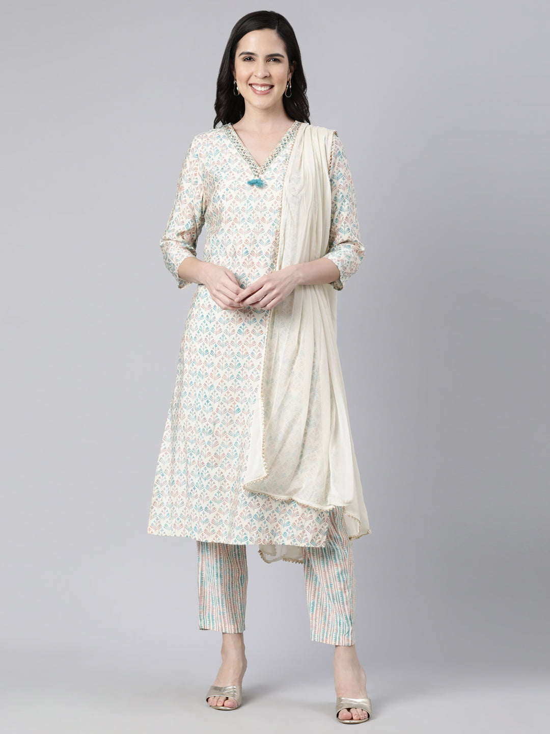 Neerus Blue Regular Straight Floral Kurta And  Trousers With Dupatta