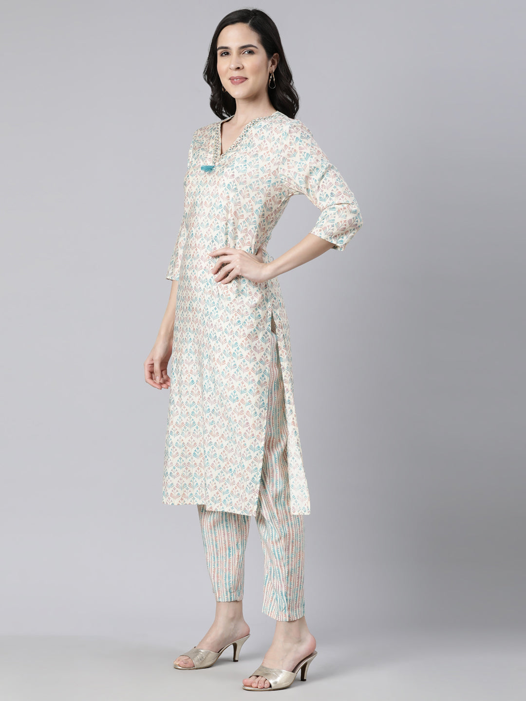 Neerus Blue Regular Straight Floral Kurta And  Trousers With Dupatta