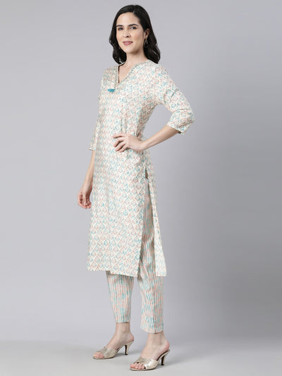 Neerus Blue Regular Straight Floral Kurta And  Trousers With Dupatta