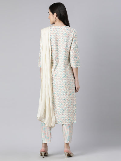 Neerus Blue Regular Straight Floral Kurta And  Trousers With Dupatta