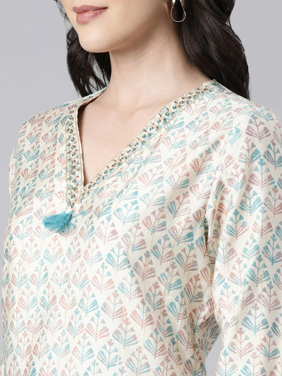 Neerus Blue Regular Straight Floral Kurta And  Trousers With Dupatta