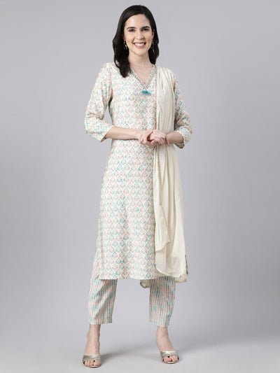 Neerus Blue Regular Straight Floral Kurta And  Trousers With Dupatta