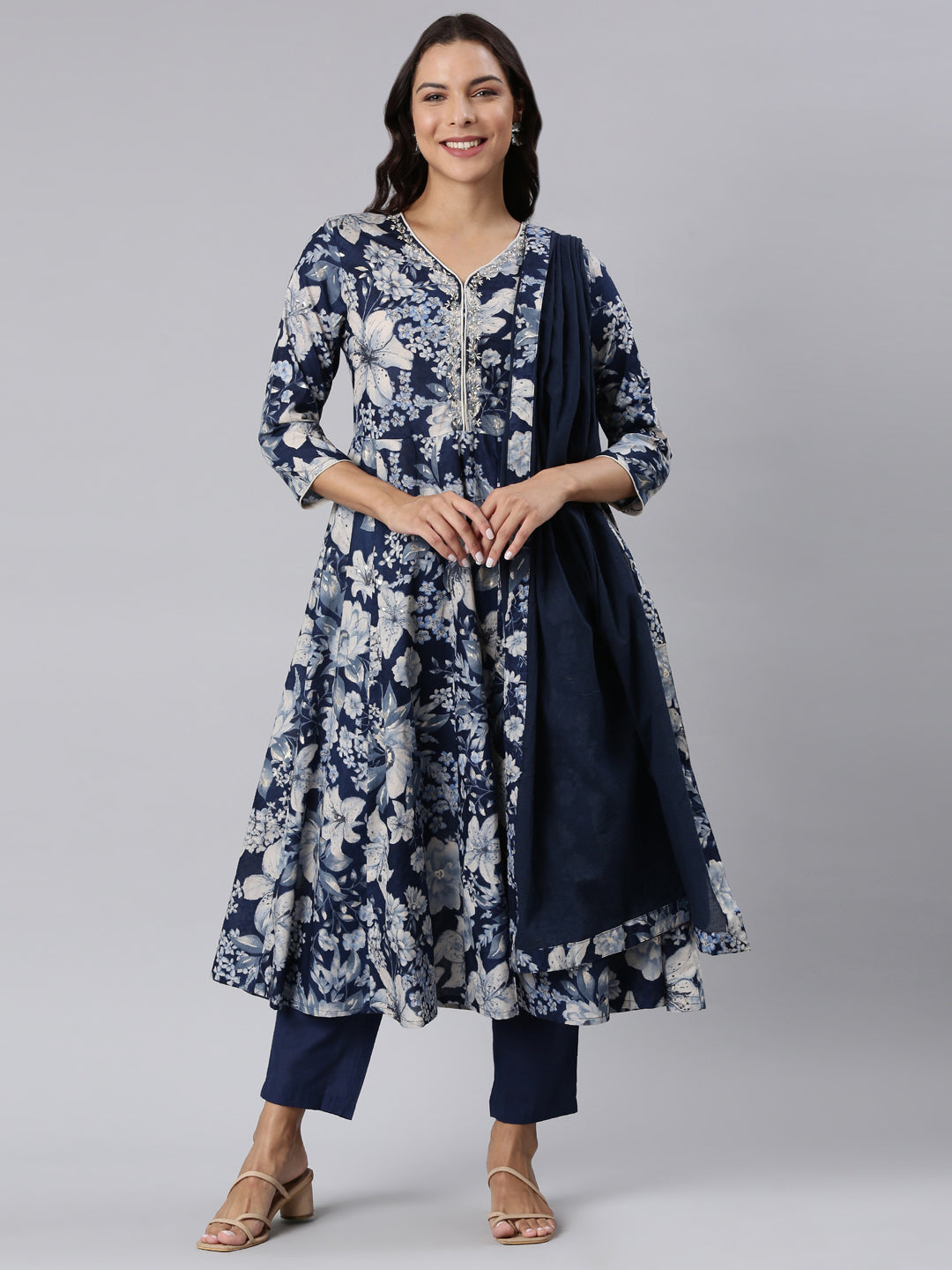 Neerus Navy Blue Panelled Straight Printed Kurta And Trousers With Dupatta