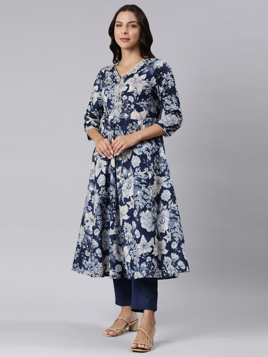 Neerus Navy Blue Panelled Straight Printed Kurta And Trousers With Dupatta