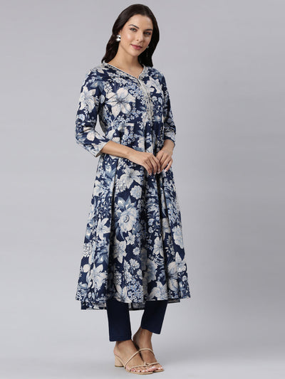 Neerus Navy Blue Panelled Straight Printed Kurta And Trousers With Dupatta