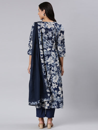 Neerus Navy Blue Panelled Straight Printed Kurta And Trousers With Dupatta