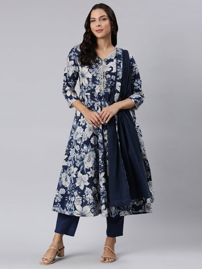 Neerus Navy Blue Panelled Straight Printed Kurta And Trousers With Dupatta