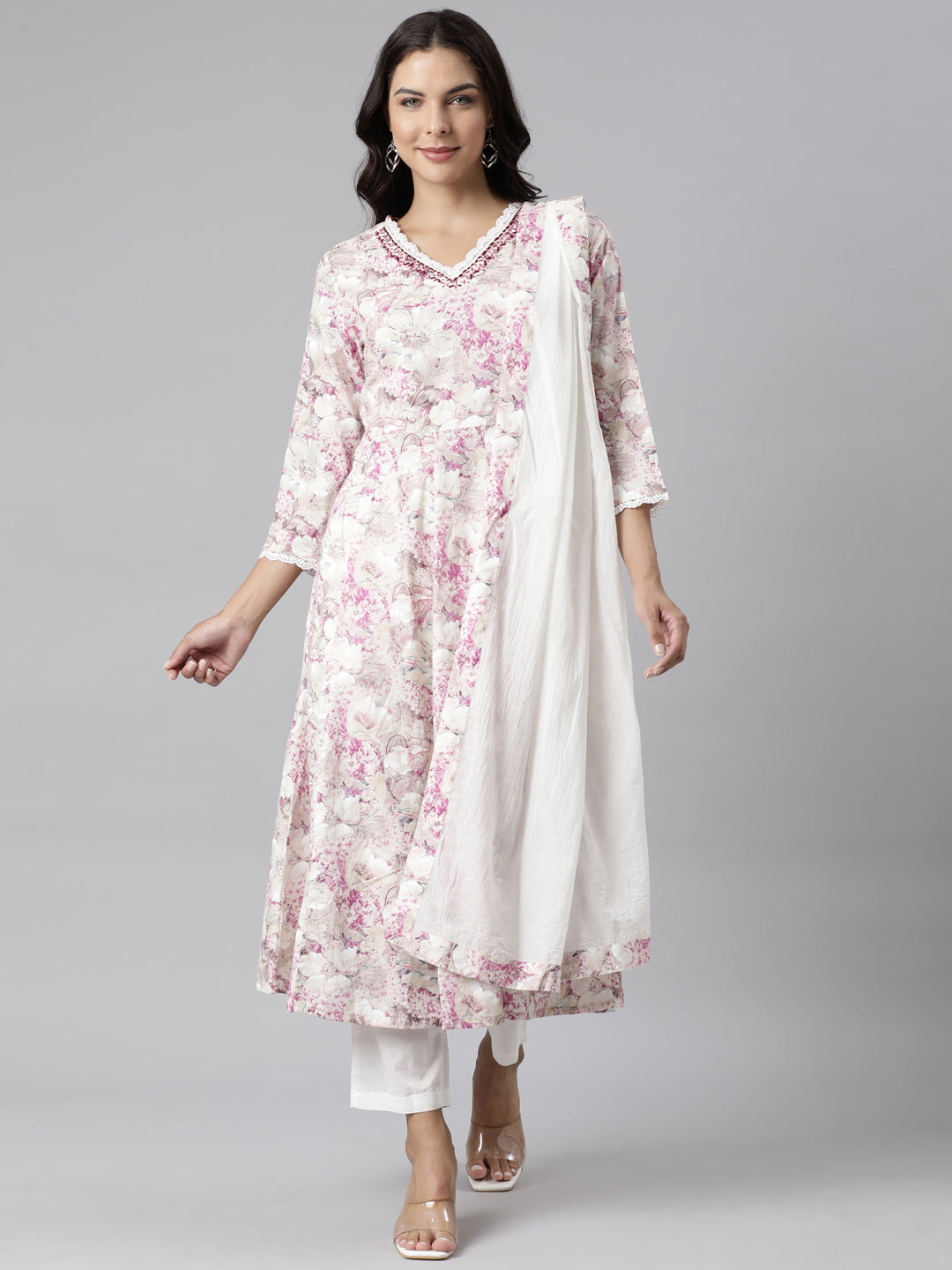 Neerus Beige Panelled Straight Printed Kurta And Trousers With Dupatta