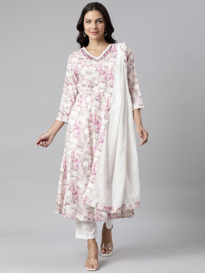 Neerus Beige Panelled Straight Printed Kurta And Trousers With Dupatta