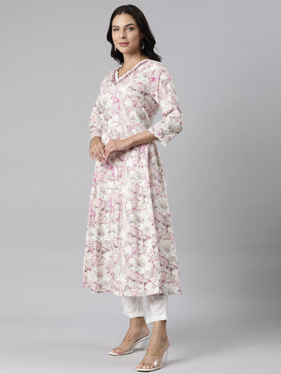 Neerus Beige Panelled Straight Printed Kurta And Trousers With Dupatta