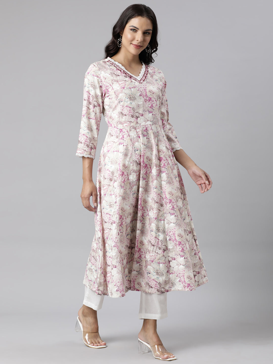 Neerus Beige Panelled Straight Printed Kurta And Trousers With Dupatta.