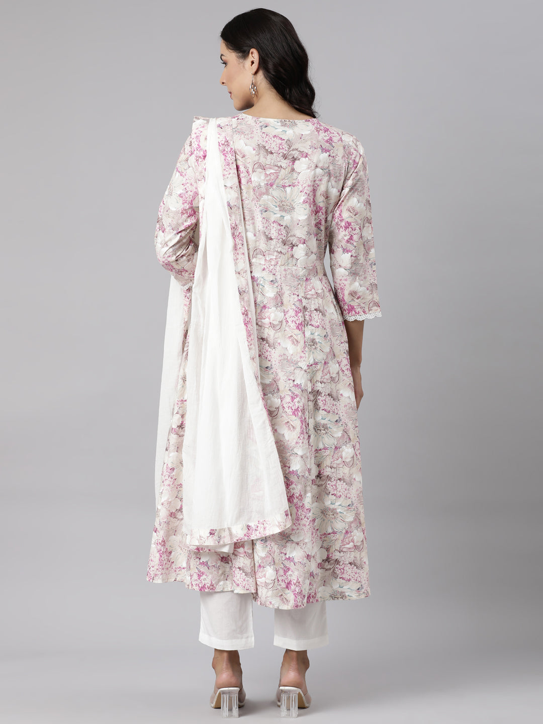 Neerus Beige Panelled Straight Printed Kurta And Trousers With Dupatta