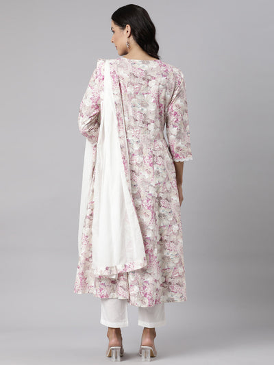 Neerus Beige Panelled Straight Printed Kurta And Trousers With Dupatta