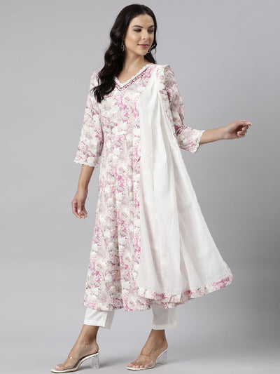 Neerus Beige Panelled Straight Printed Kurta And Trousers With Dupatta