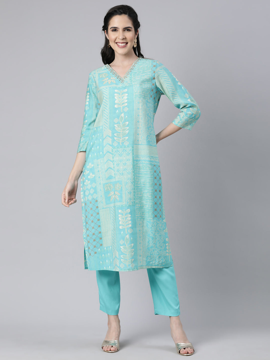 Neerus Sea Green Panelled Straight Bandhani Readymade suits