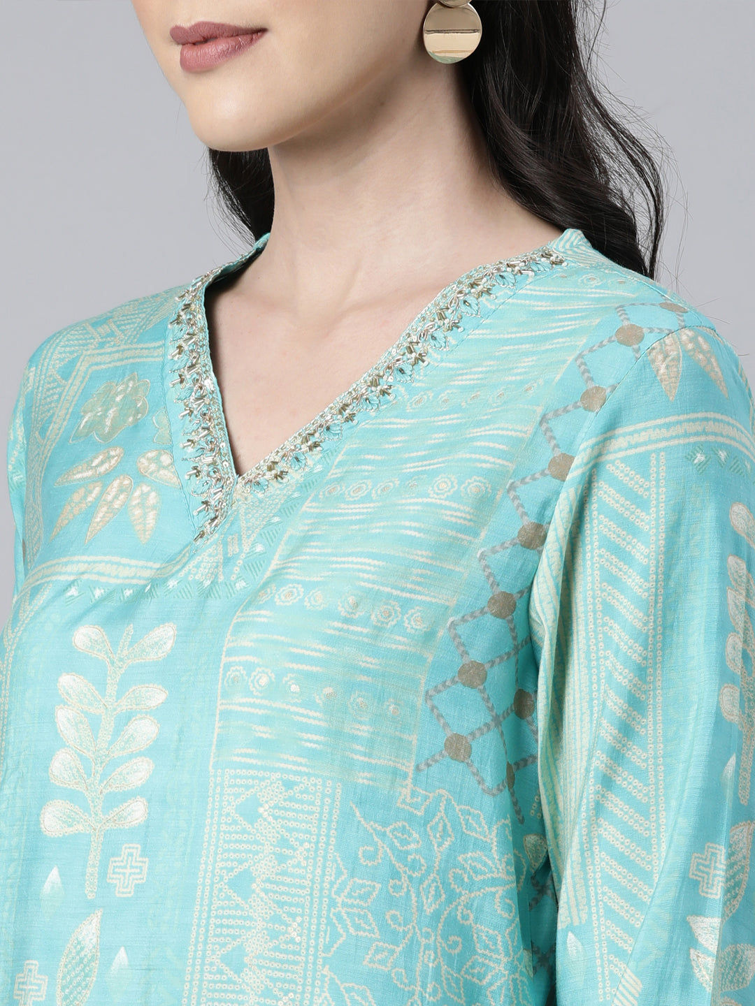 Neerus Sea Green Panelled Straight Bandhani Readymade suits