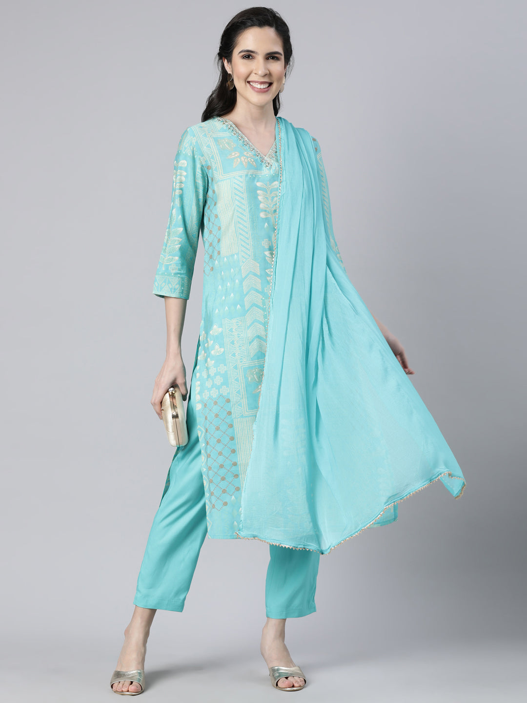 Neerus Sea Green Panelled Straight Bandhani Readymade suits