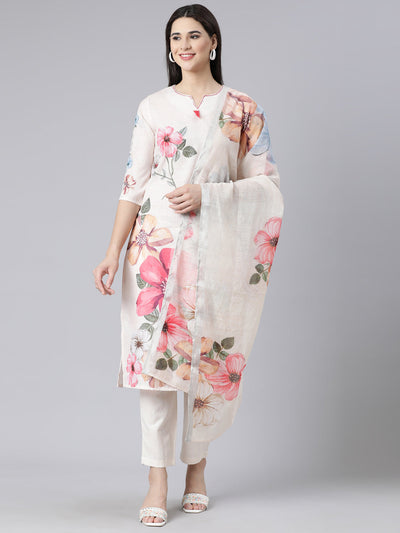 Neerus Off White Panelled Straight Printed Kurta And Trousers With Dupatta