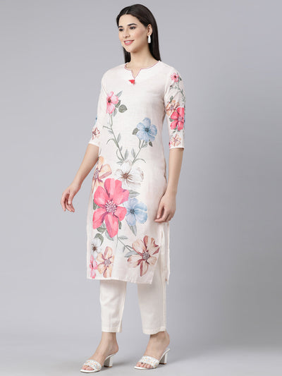 Neerus Off White Panelled Straight Printed Kurta And Trousers With Dupatta