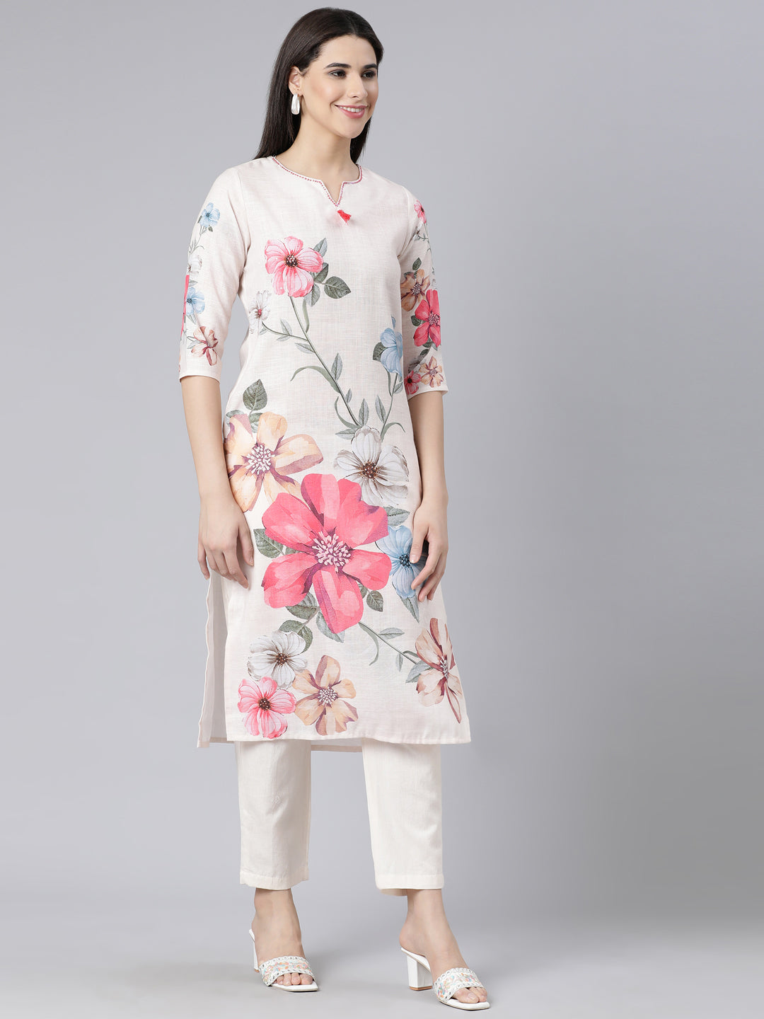 Neerus Off White Panelled Straight Printed Kurta And Trousers With Dupatta