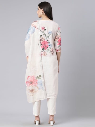 Neerus Off White Panelled Straight Printed Kurta And Trousers With Dupatta