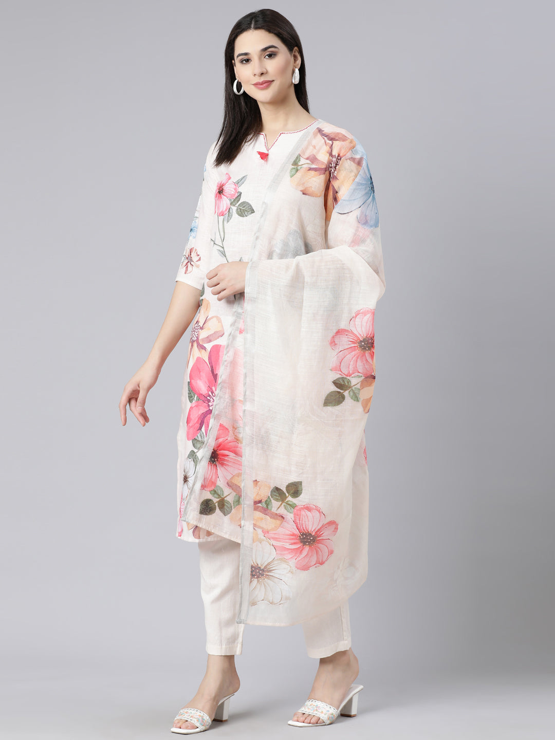 Neerus Off White Panelled Straight Printed Kurta And Trousers With Dupatta