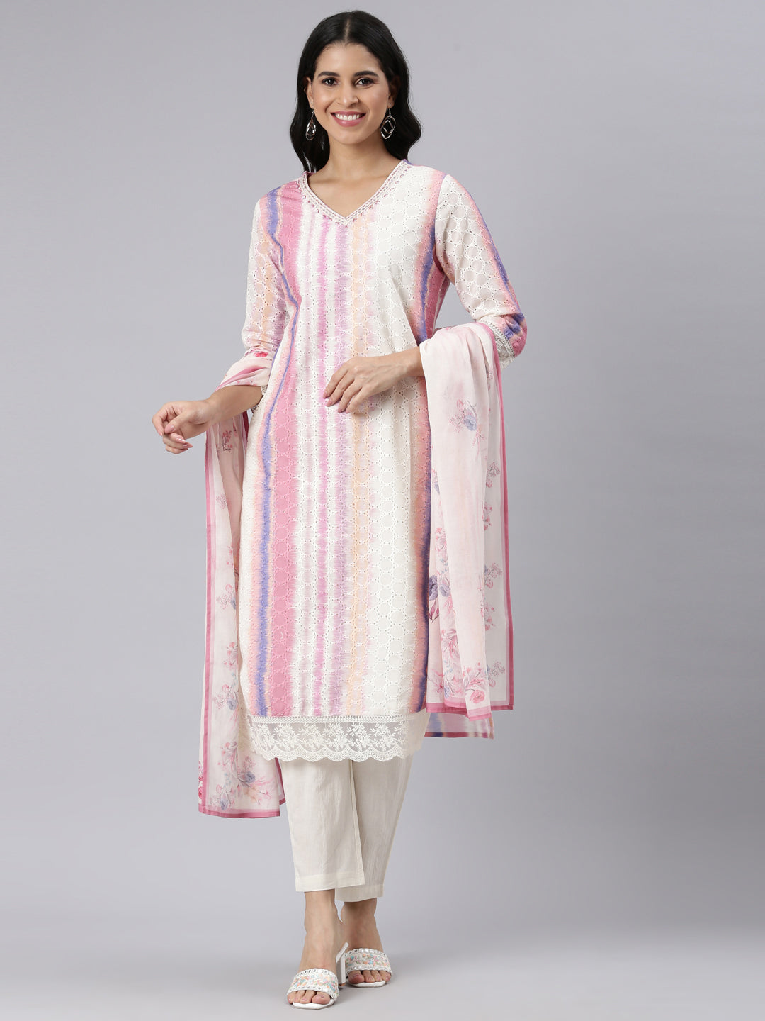 Neerus Cream Regular Straight Dyed Kurta and Trousers With Dupatta