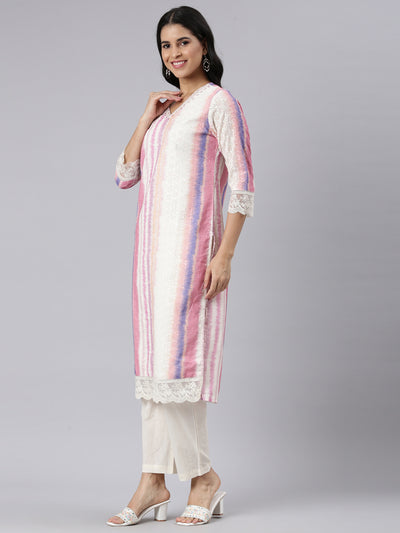 Neerus Cream Regular Straight Dyed Kurta and Trousers With Dupatta