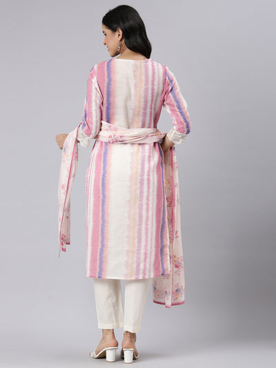 Neerus Cream Regular Straight Dyed Kurta and Trousers With Dupatta