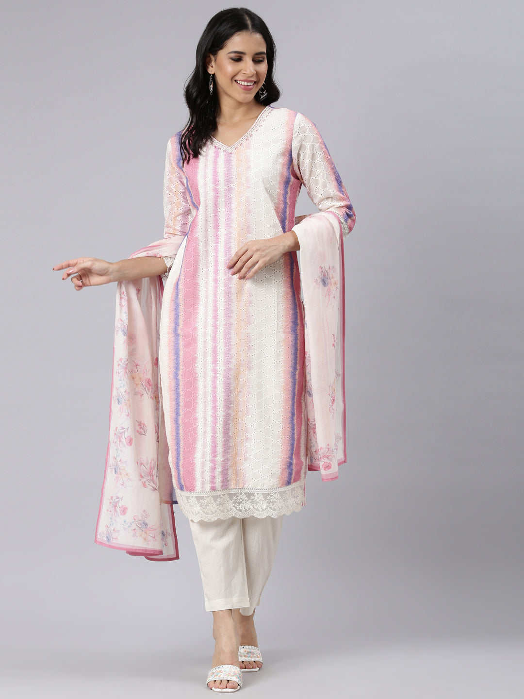 Neerus Cream Regular Straight Dyed Kurta and Trousers With Dupatta