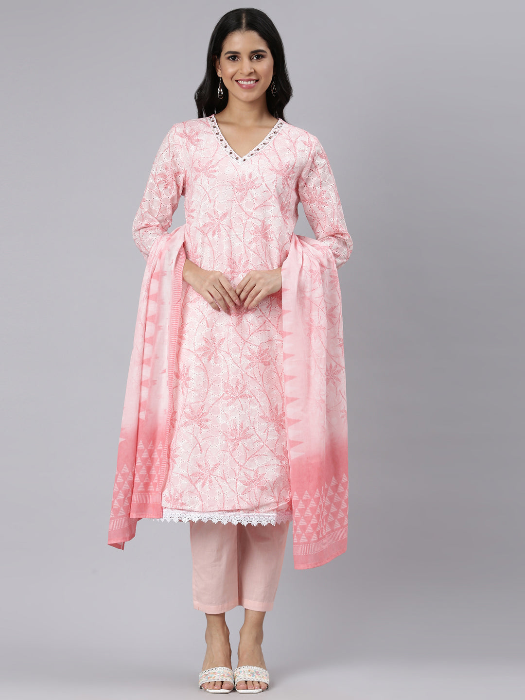 Neerus Pink Regular Straight Printed Kurta and Trousers With Dupatta